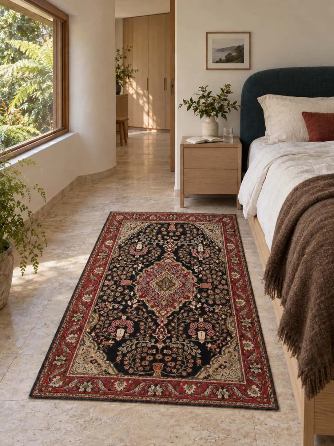 Persian Sanandaj rug, floral, 112x183 cm, mainly black and red — In a room