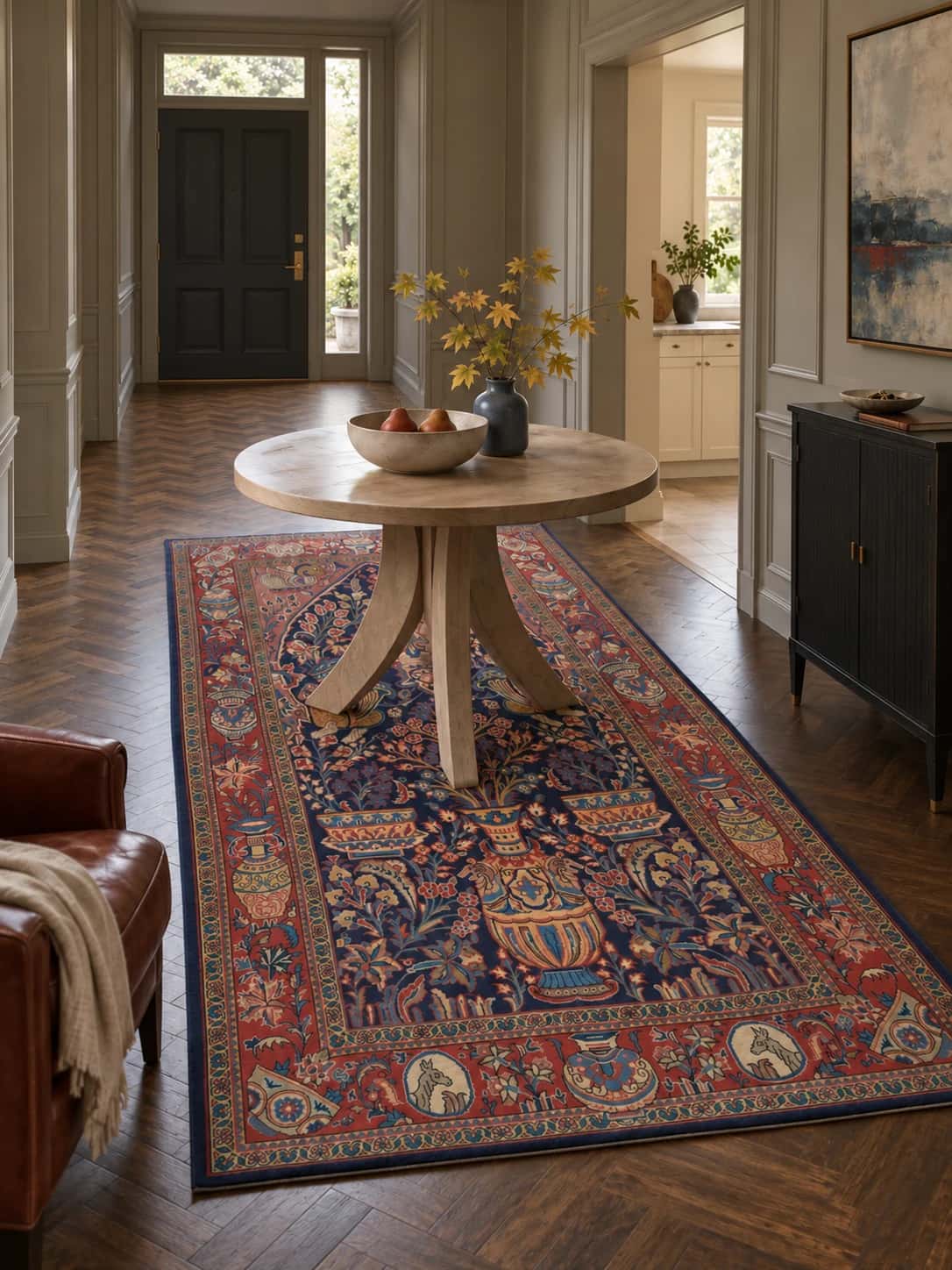 Persian rug, floral, 172x332 cm, mainly blue and red — In a room