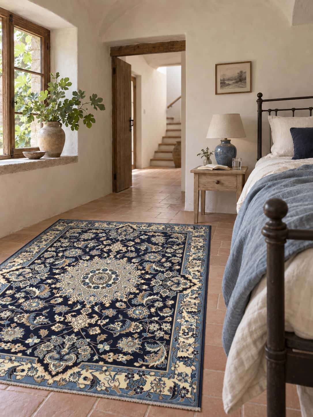 Persian Nain rug, floral, 142x198 cm, mainly blue and cream — In a room