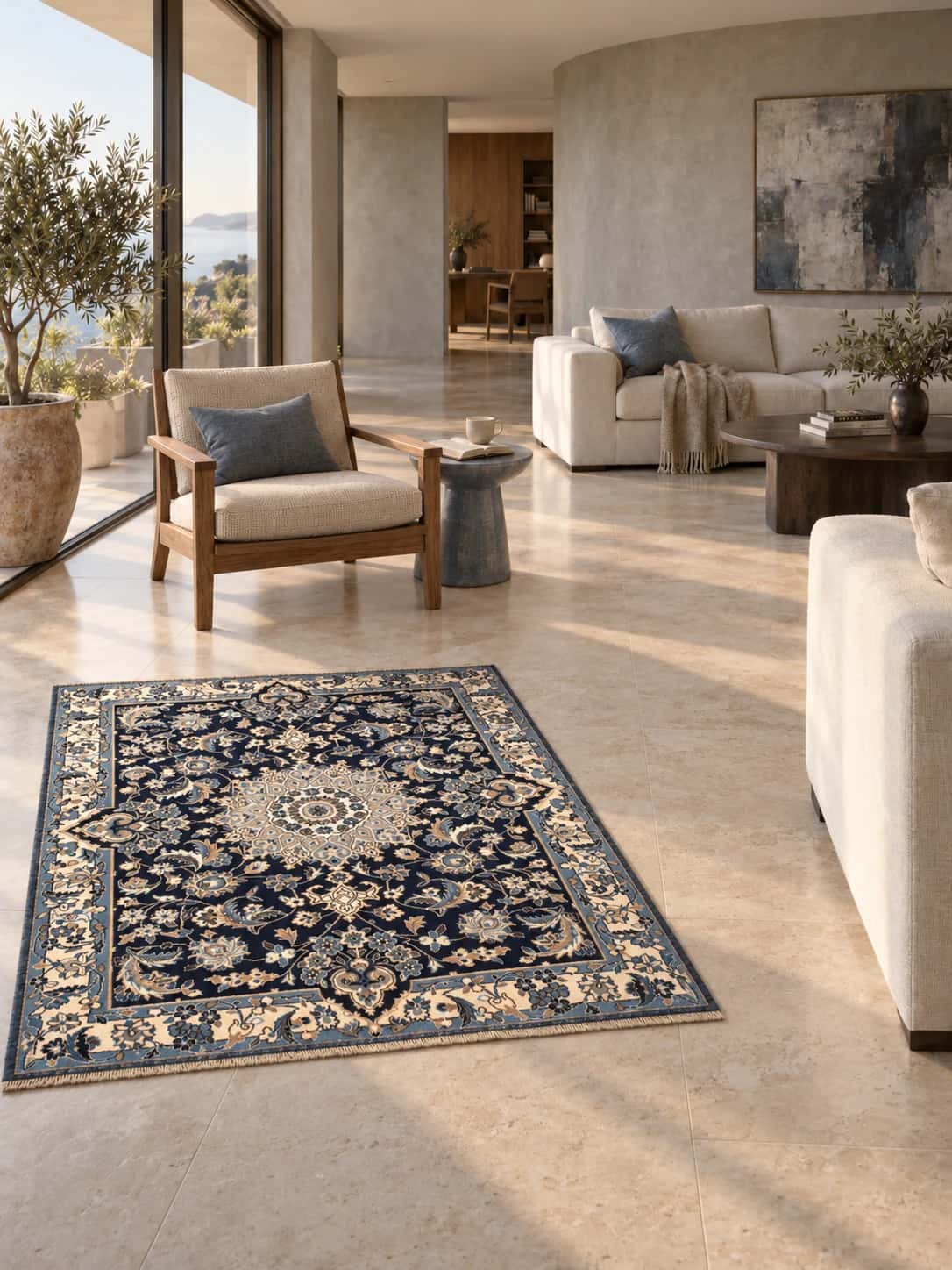 Persian Nain rug, floral, 142x198 cm, mainly blue and cream — In a room