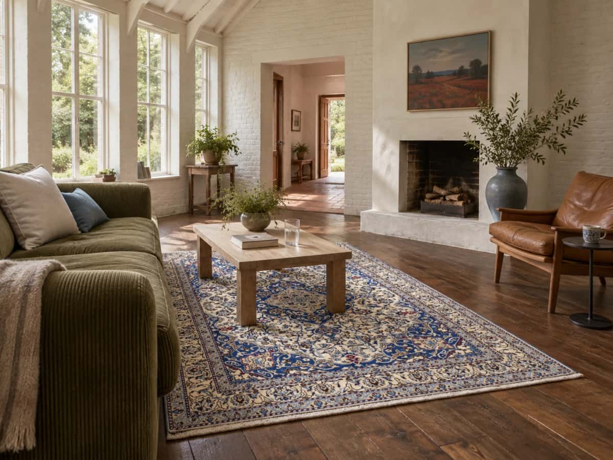 Persian Nain rug, floral, 162x237 cm, mainly blue and cream — In a room