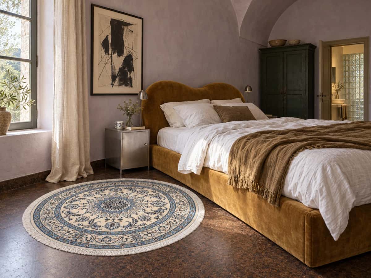Persian round rug, diameter 150 cm, mainly cream and blue — In a room