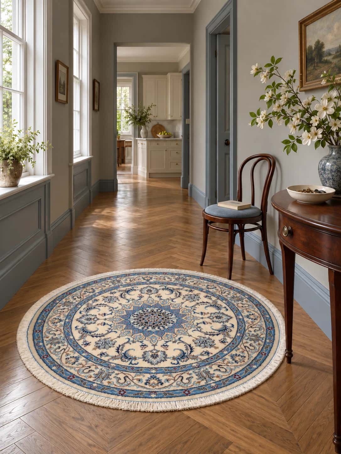 Persian round rug, diameter 150 cm, mainly cream and blue — In a room