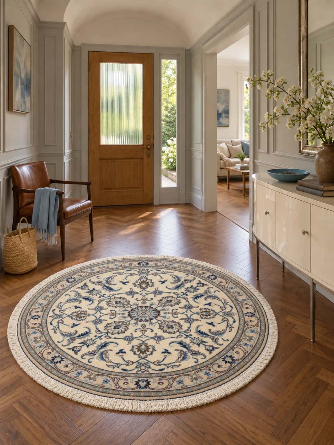 Rund persisk matta, diameter 150 cm, huvudsakligen vit och blå — I ett rum