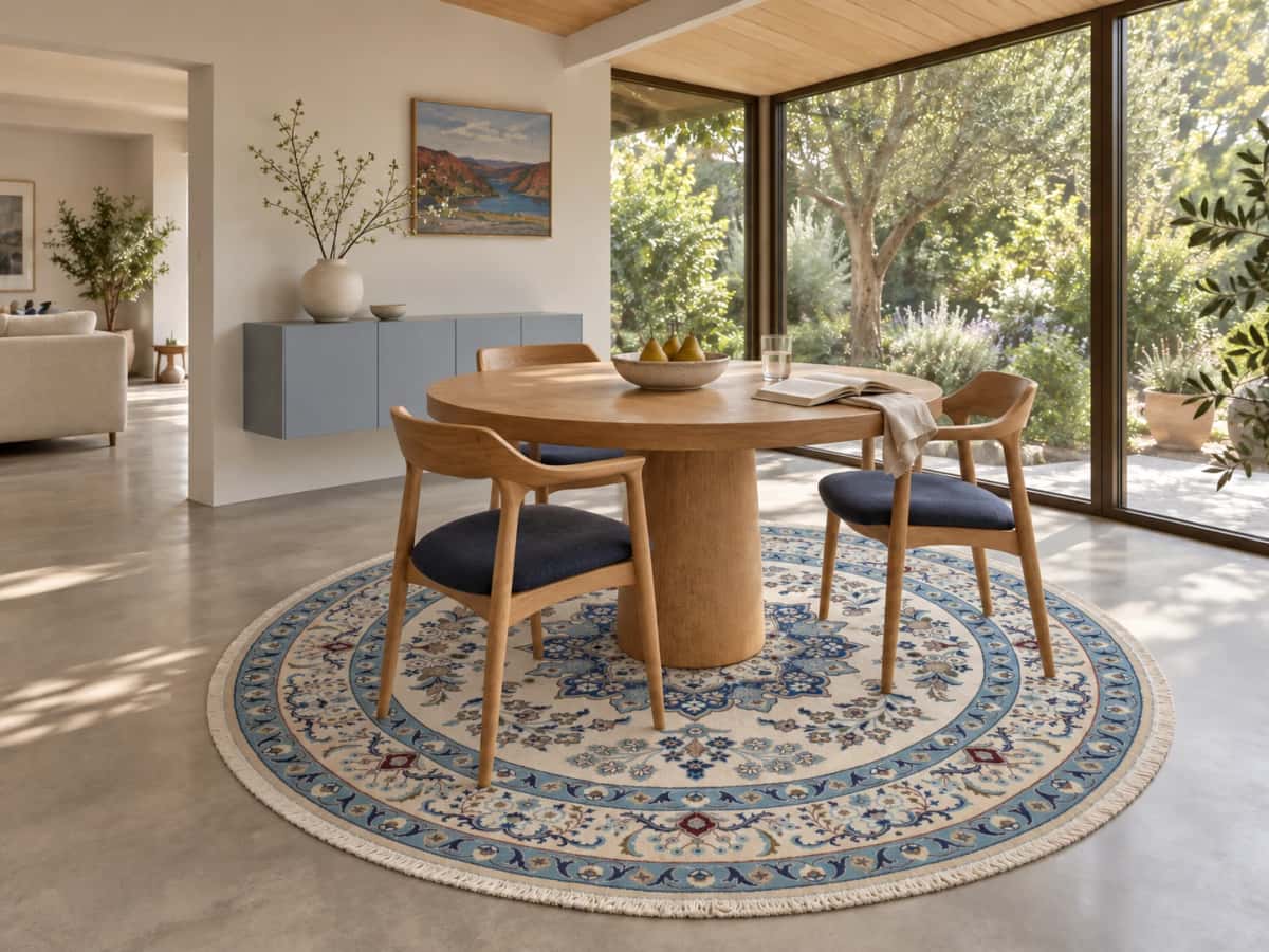 Persian round rug, diameter 250 cm, mainly cream and blue — In a room