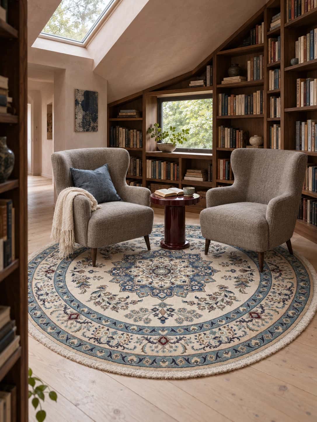 Persian round rug, diameter 250 cm, mainly cream and blue — In a room