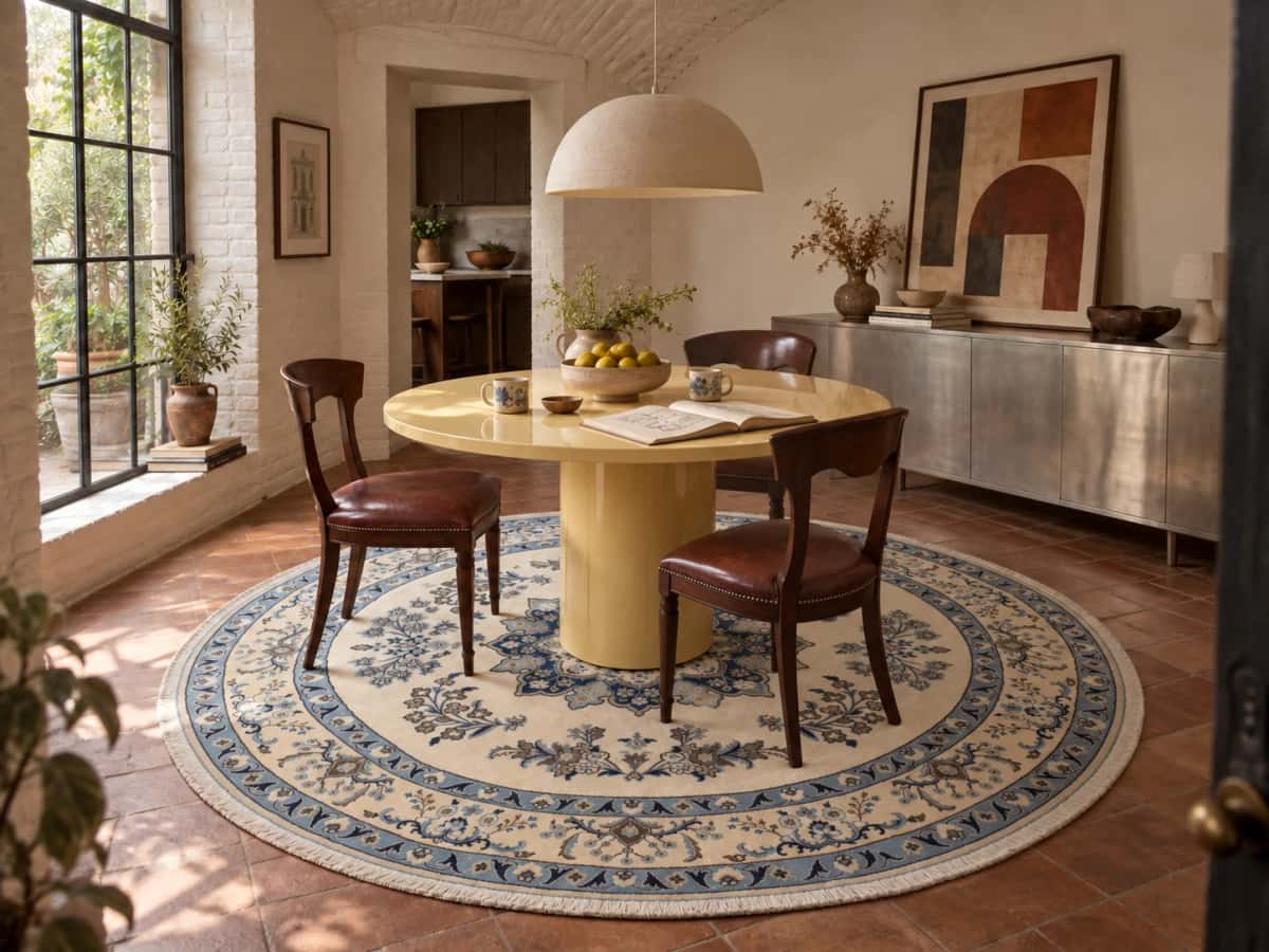 Persian round rug, diameter 250 cm, mainly cream and blue — In a room