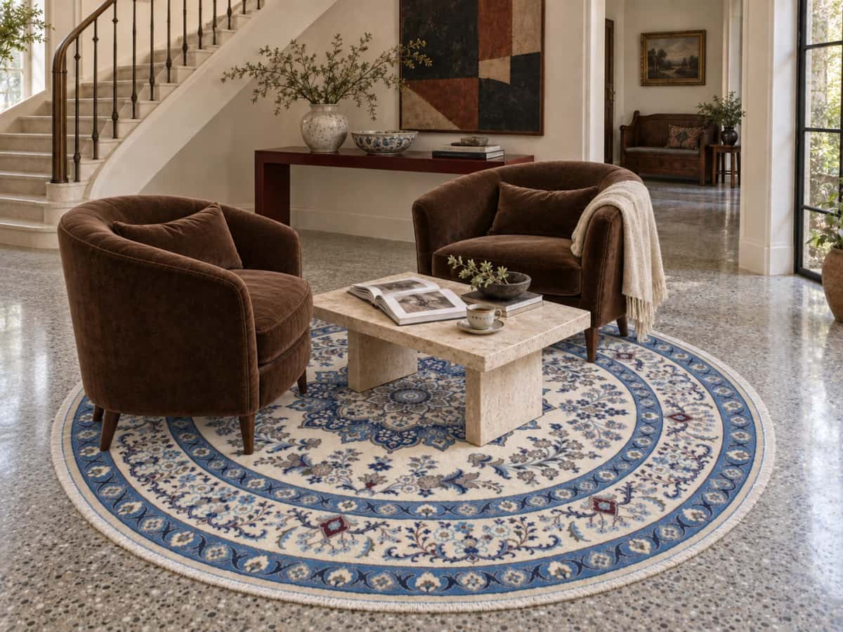 Persian round rug, diameter 250 cm, mainly cream and blue — In a room