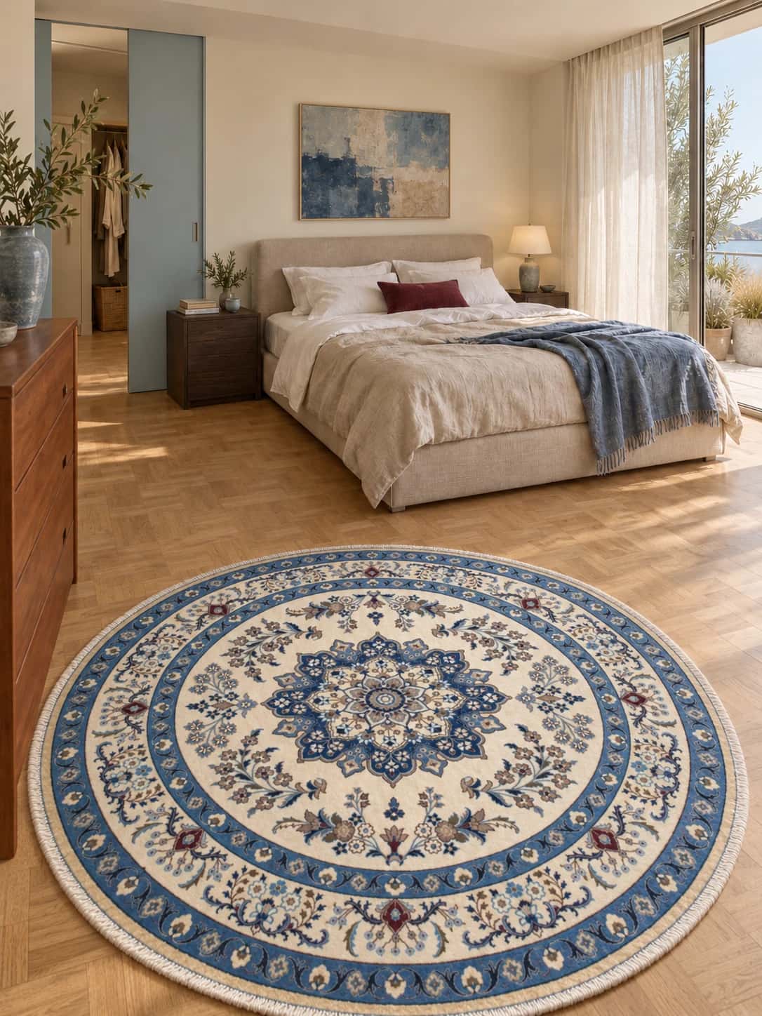 Persian round rug, diameter 250 cm, mainly cream and blue — In a room