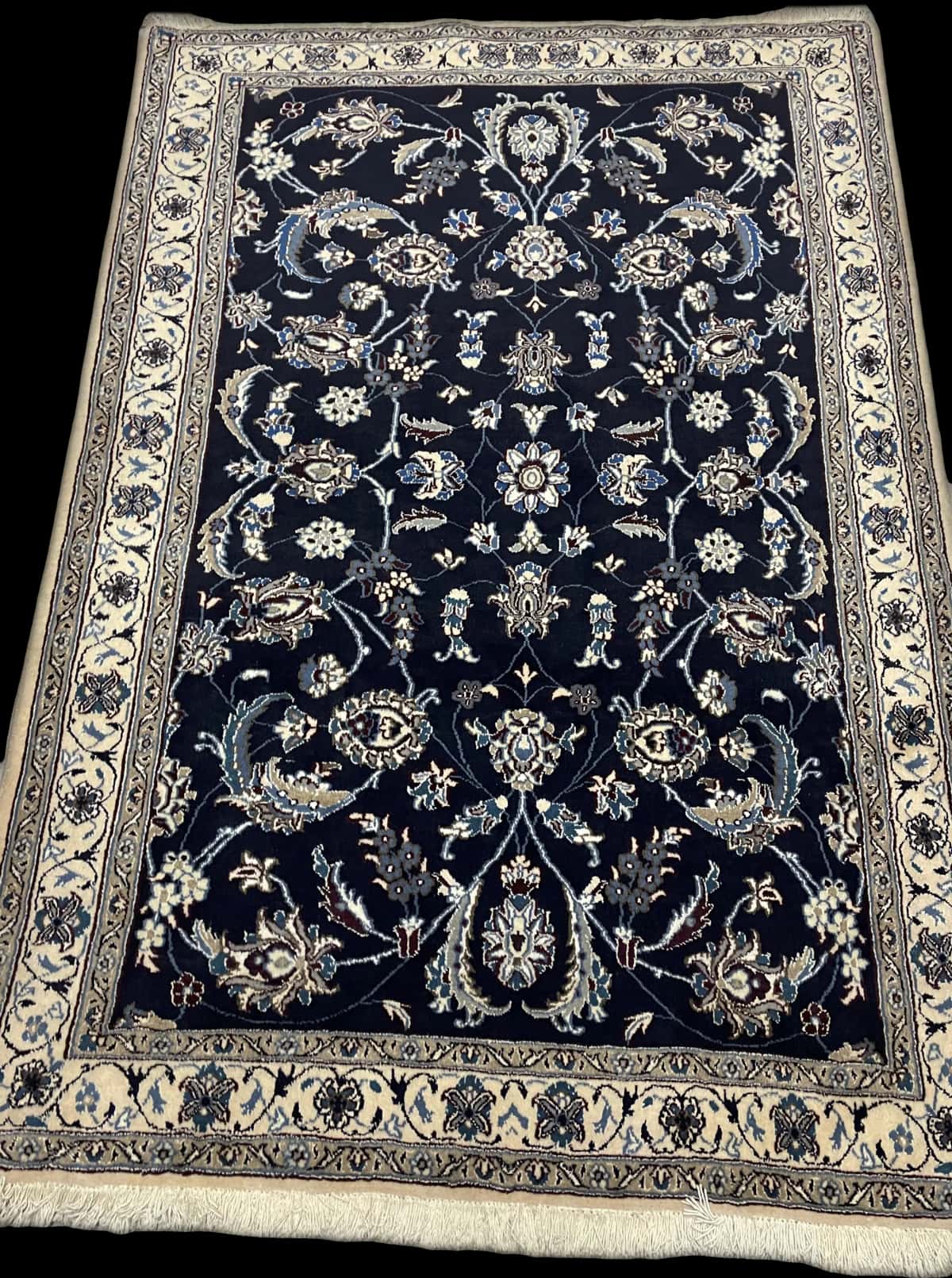 Persian rug of Nain style in dimensions 206 centimeters length by 140 centimeters width with mainly blue colors — Perspective