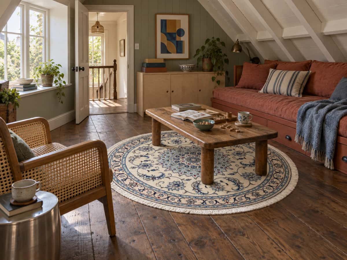 Persian round rug, diameter 150 cm, mainly cream and blue — In a room