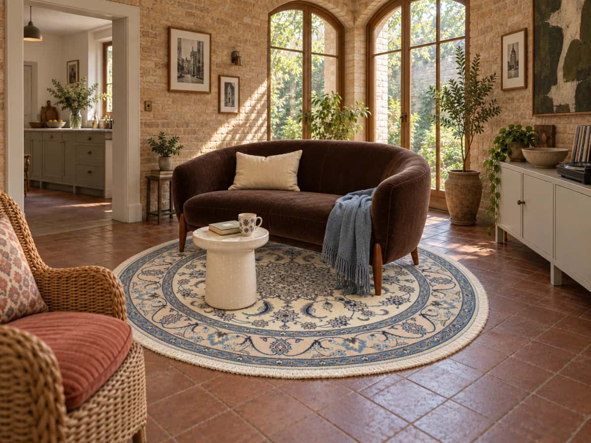 Alfombra persa redonda, 200 cm de diámetro, principalmente en blanco y azul — En una habitación