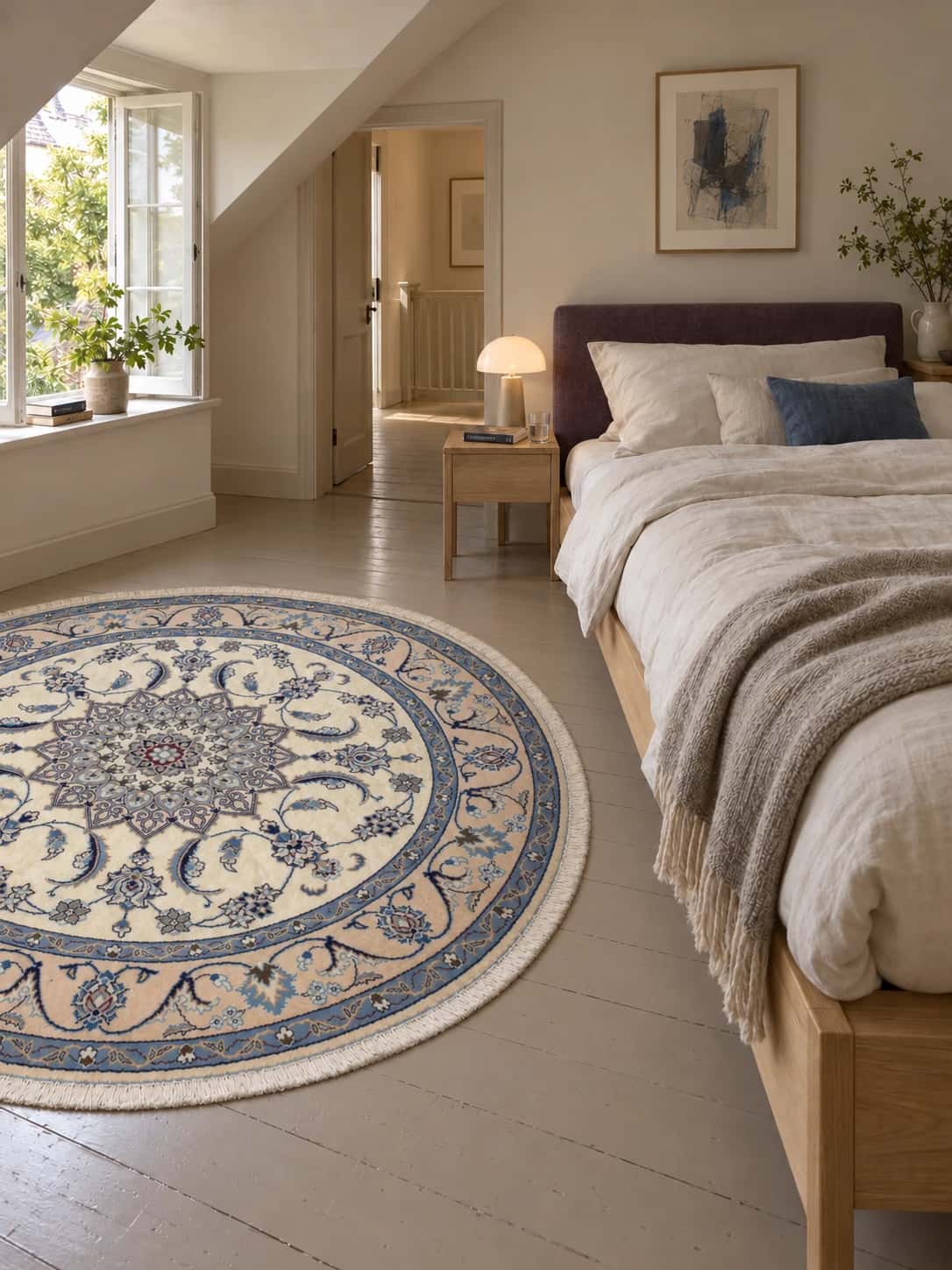 Alfombra persa redonda, 200 cm de diámetro, principalmente en blanco y azul — En una habitación