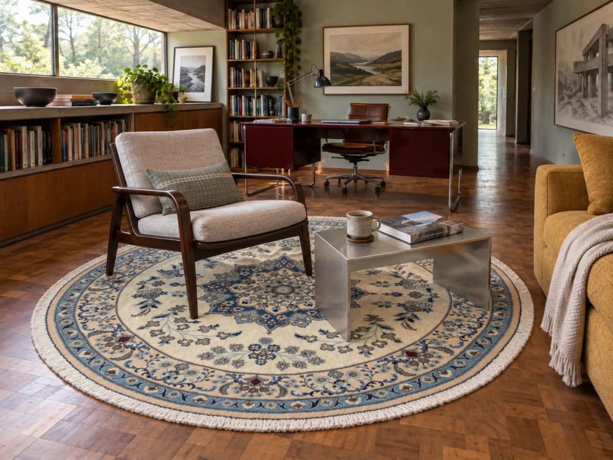 Alfombra persa redonda, 200 cm de diámetro, principalmente en blanco y azul — En una habitación
