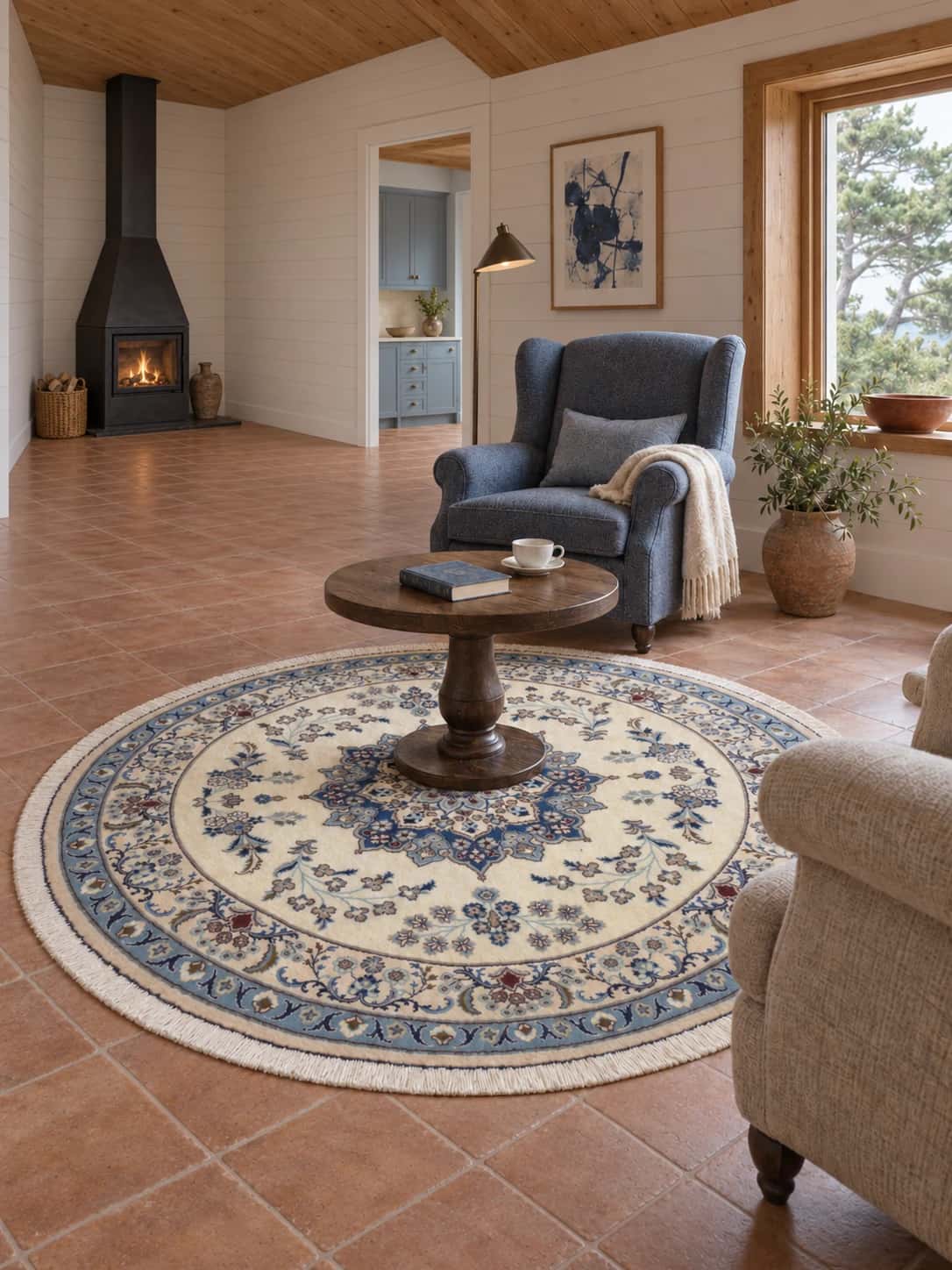 Alfombra persa redonda, 200 cm de diámetro, principalmente en blanco y azul — En una habitación