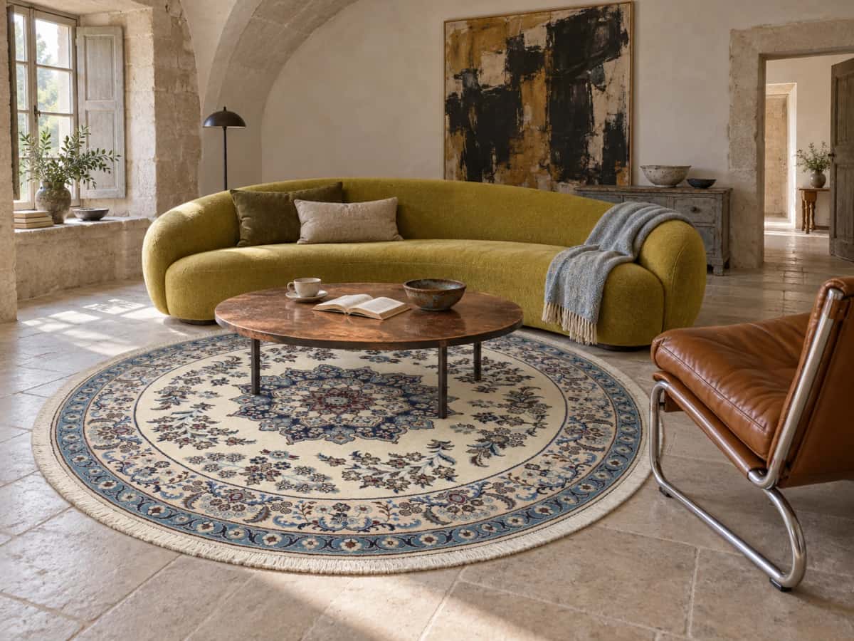 Persian round rug, diameter 200 cm, mainly cream and blue — In a room
