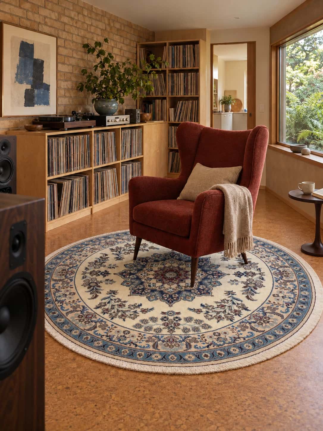 Persian round rug, diameter 200 cm, mainly cream and blue — In a room
