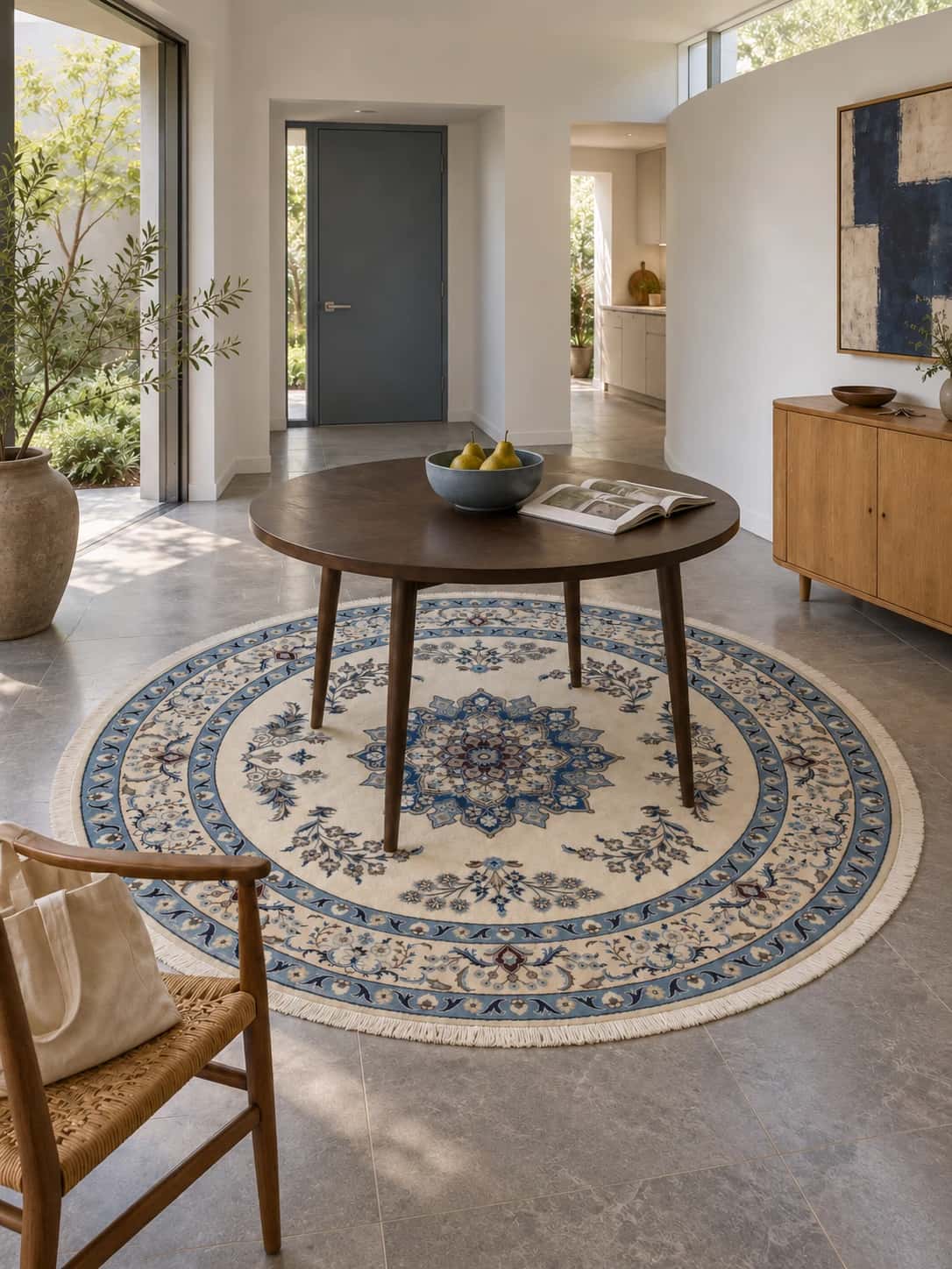 Rond Perzisch tapijt, diameter 250 cm, overwegend wit en blauw — In een kamer