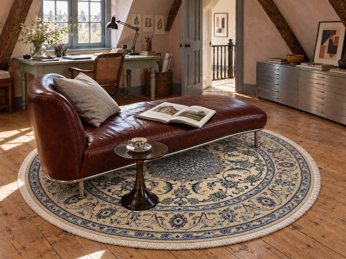 Persian round rug, diameter 200 cm, mainly cream and blue — In a room