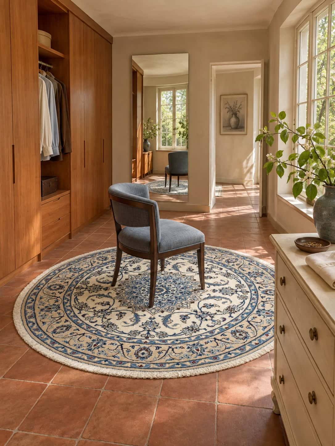 Persian round rug, diameter 200 cm, mainly cream and blue — In a room