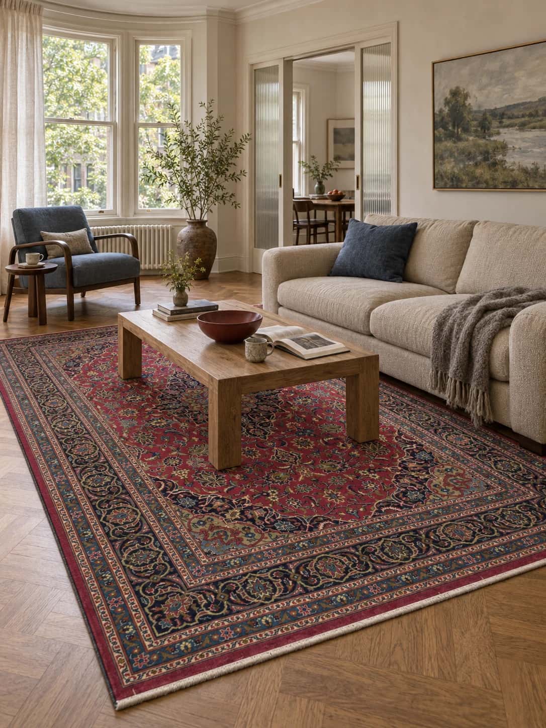 Persian Kashan rug, floral, 203x310 cm, mainly red and blue — In a room