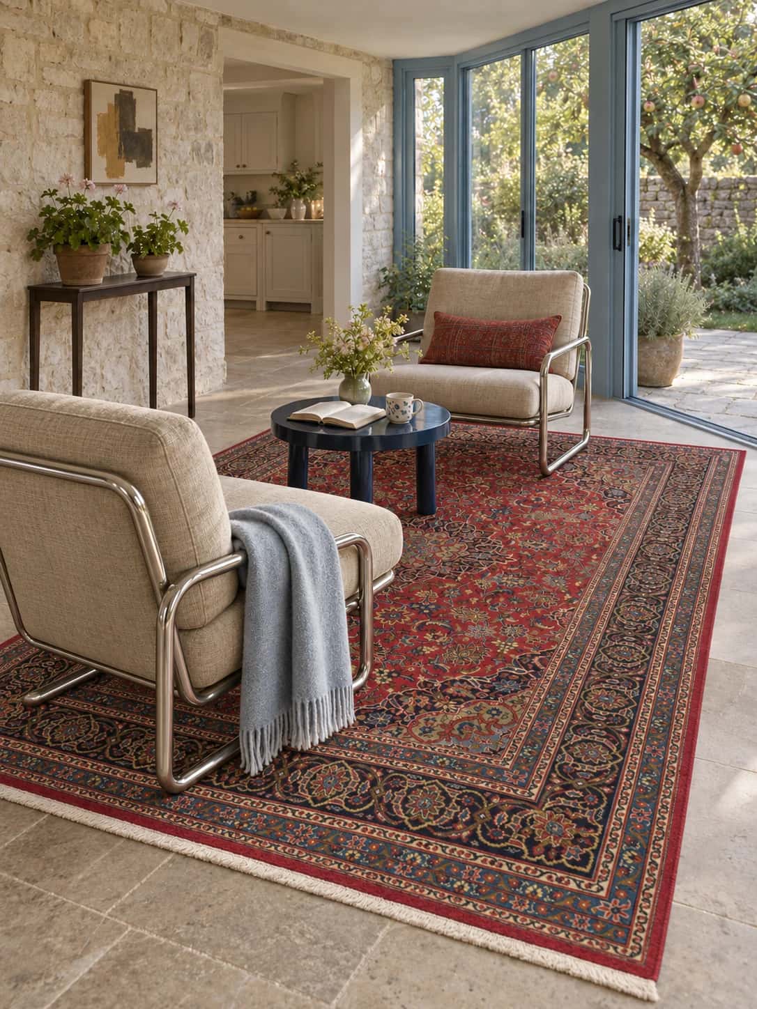 Persian Kashan rug, floral, 203x310 cm, mainly red and blue — In a room