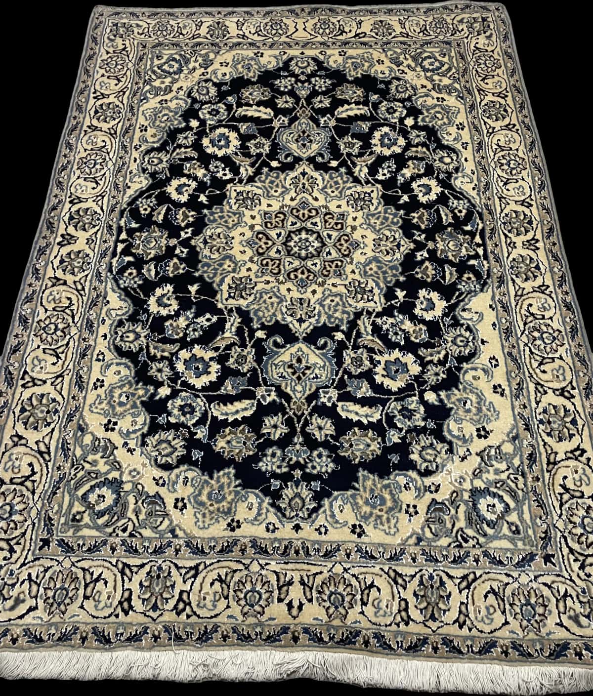 Persian rug of Nain style in dimensions 209 centimeters length by 140 centimeters width with mainly blue colors — Perspective