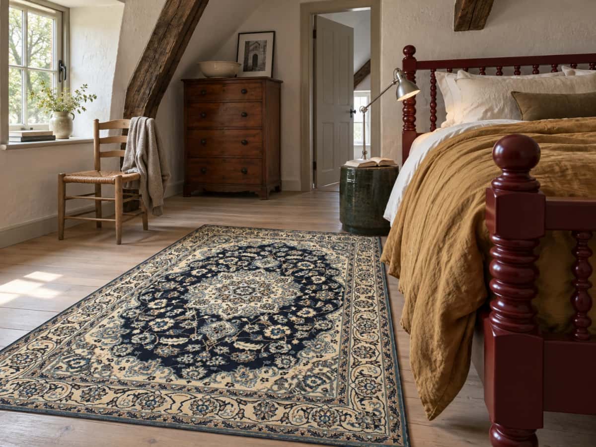 Perzisch tapijt in Nain stijl met afmetingen 209 centimeter lang bij 140 centimeter breed met overwegend blauw en wit kleuren — In een kamer