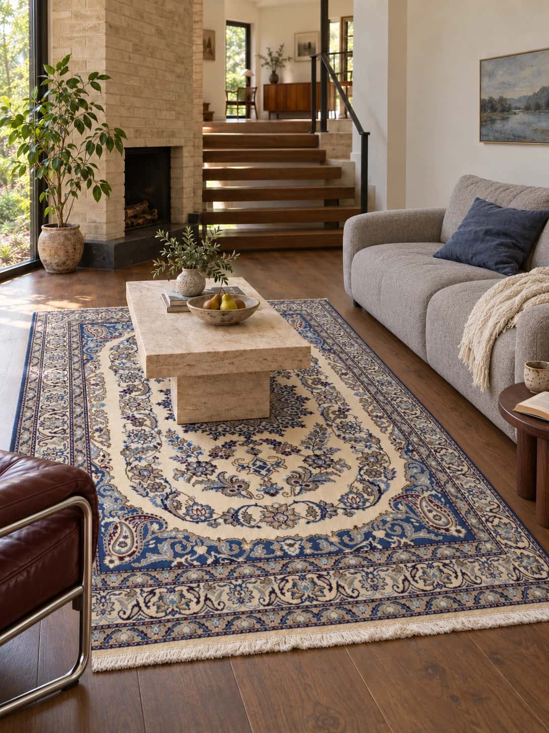 Persian Nain rug, floral, 165x240 cm, mainly blue and cream — In a room