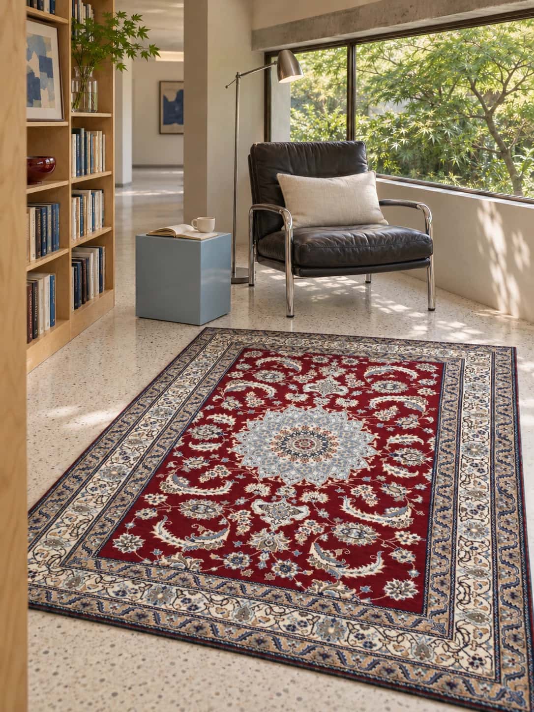 Persian Nain rug, floral, 145x203 cm, mainly red — In a room