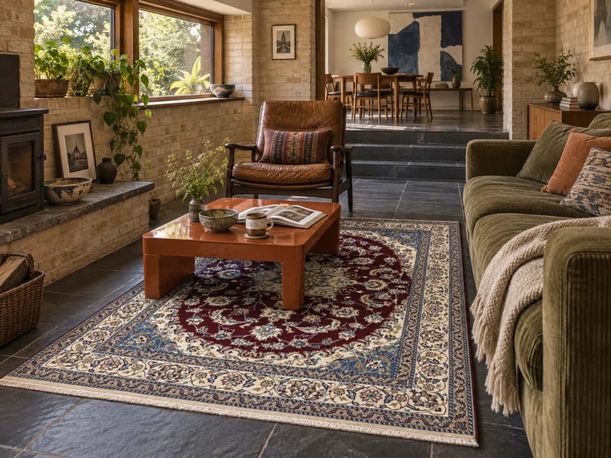 Persian Nain rug, floral, 163x242 cm, mainly red and blue — In a room