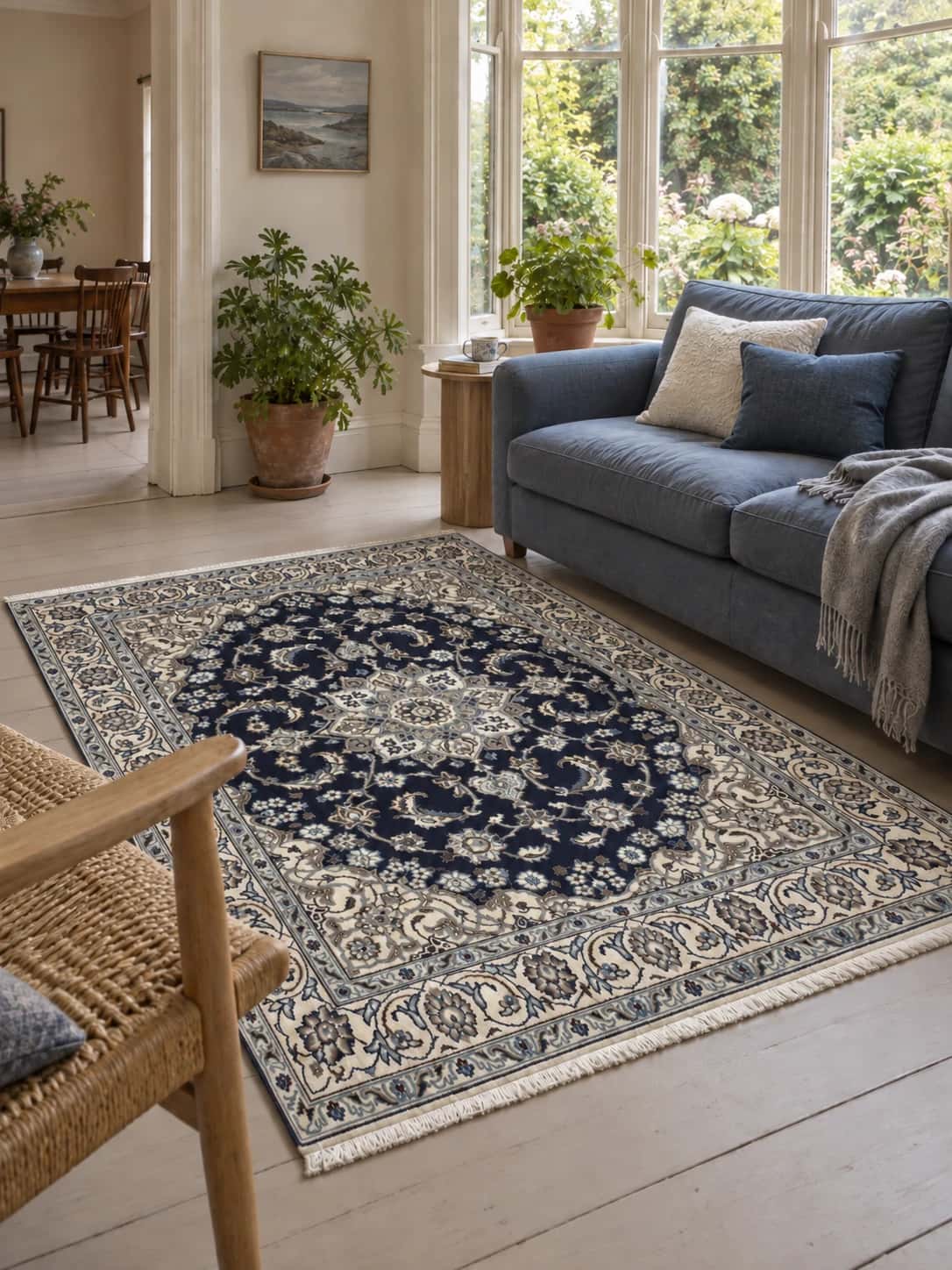 Persian Nain rug, oriental, 146x195 cm, mainly blue and cream — In a room