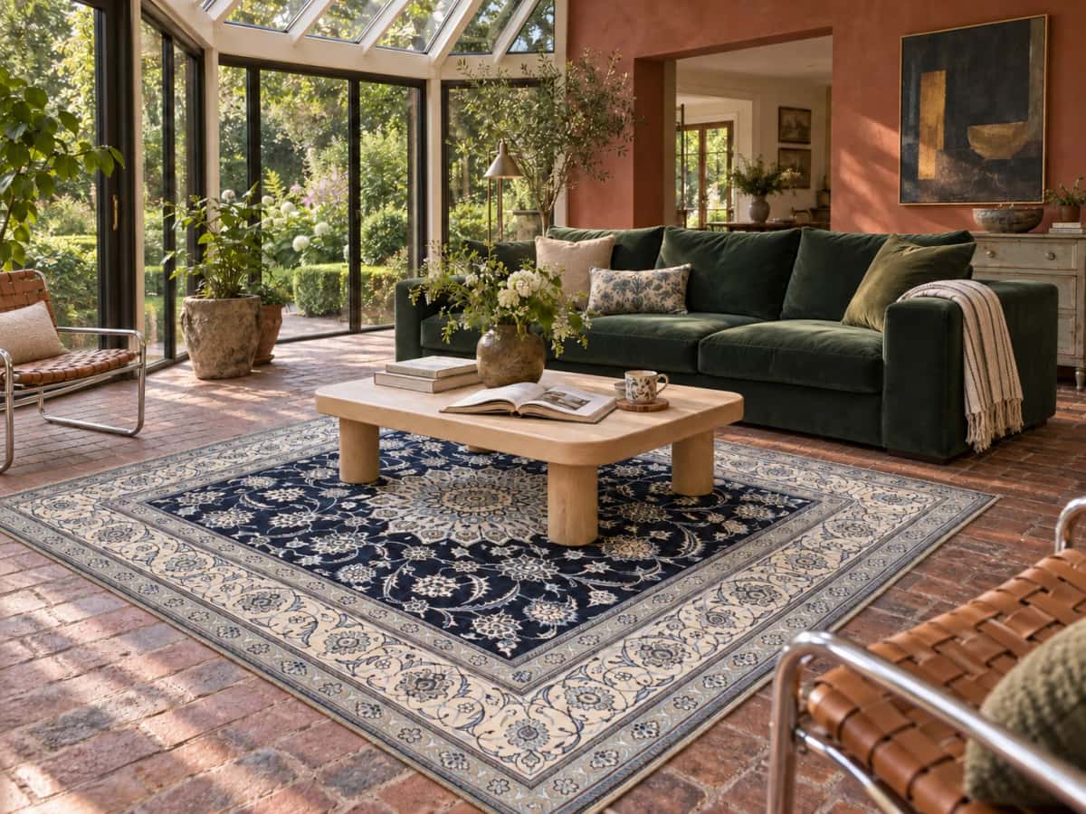 Persian Nain rug, floral, 198x202 cm, mainly blue and cream — In a room