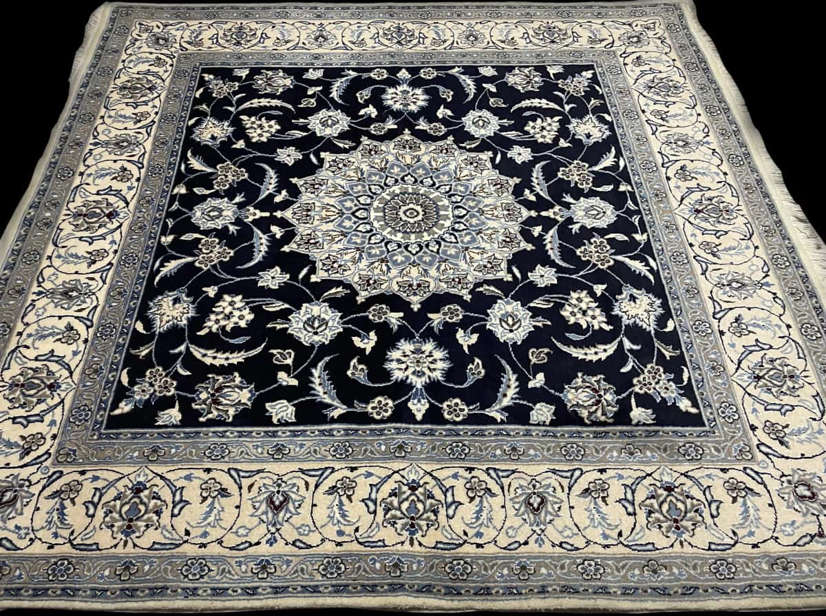 Persian rug of Nain style in dimensions 207 centimeters length by 200 centimeters width with mainly blue colors — Perspective