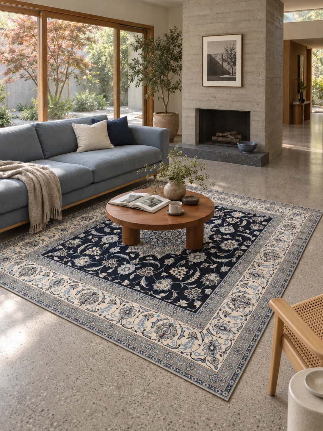 Persian Nain rug, oriental, 200x207 cm, mainly blue and cream — In a room