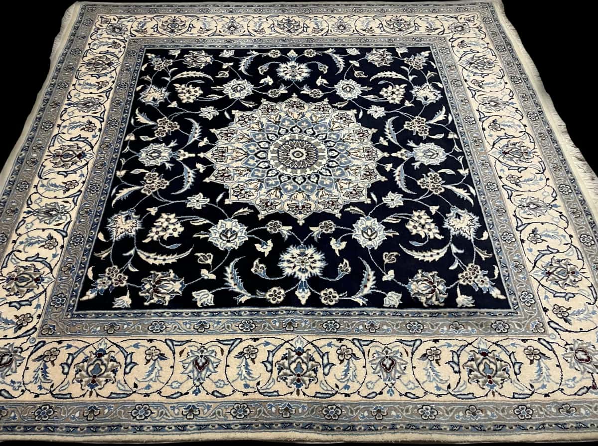 Persian rug of Nain style in dimensions 207 centimeters length by 200 centimeters width with mainly blue colors — Perspective