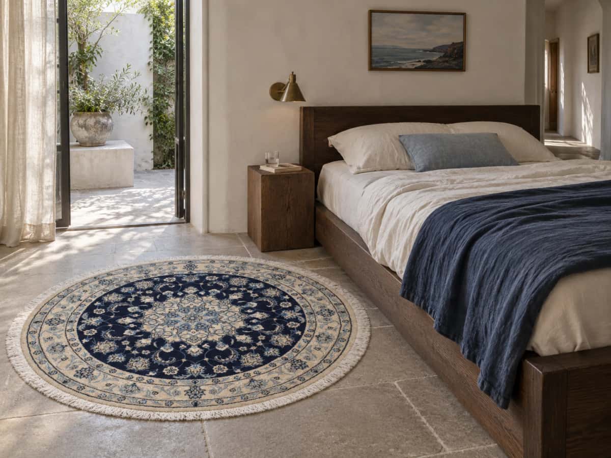 Alfombra persa redonda, 150 cm de diámetro, principalmente en azul y blanco — En una habitación