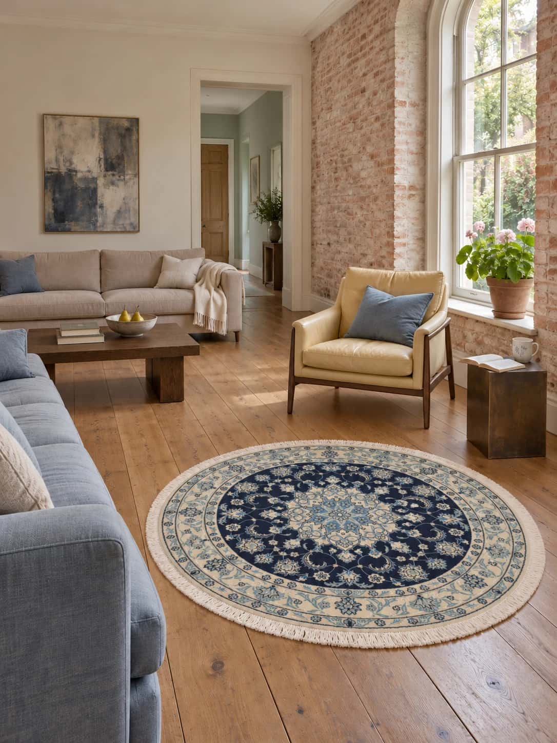 Alfombra persa redonda, 150 cm de diámetro, principalmente en azul y blanco — En una habitación