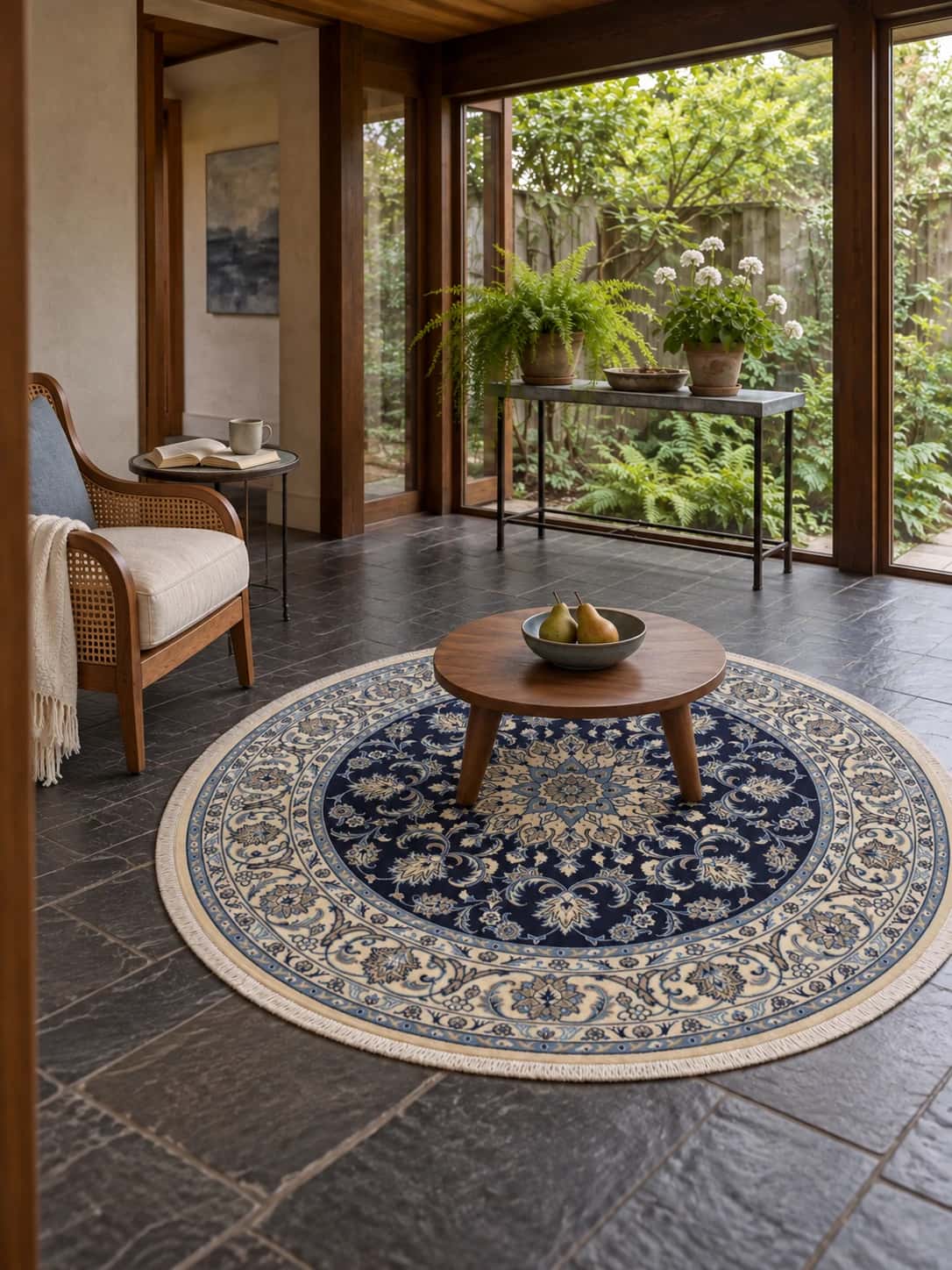Persian round rug, diameter 200 cm, mainly blue and cream — In a room