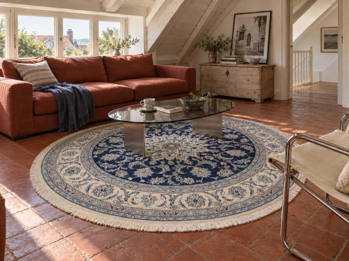 Persian round rug, diameter 200 cm, mainly blue and cream — In a room