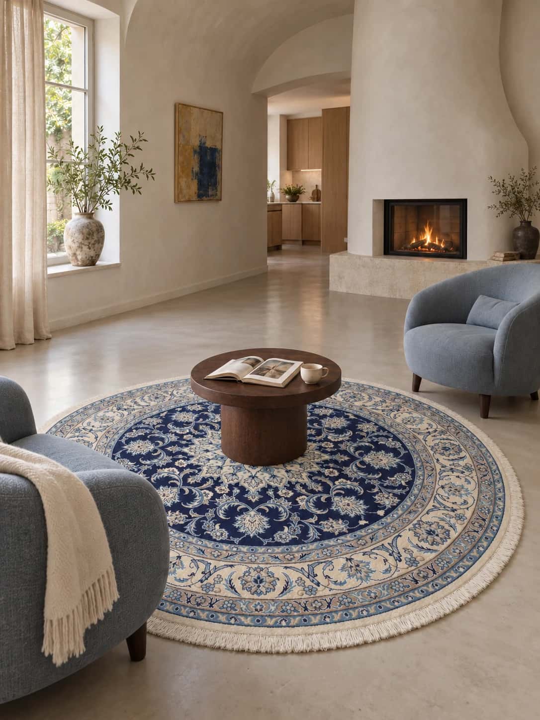 Persian round rug, diameter 200 cm, mainly blue and cream — In a room