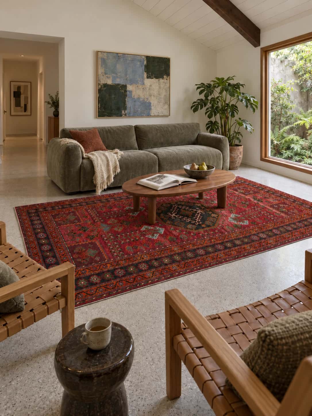 Persian rug, oriental, 155x288 cm, mainly red — In a room