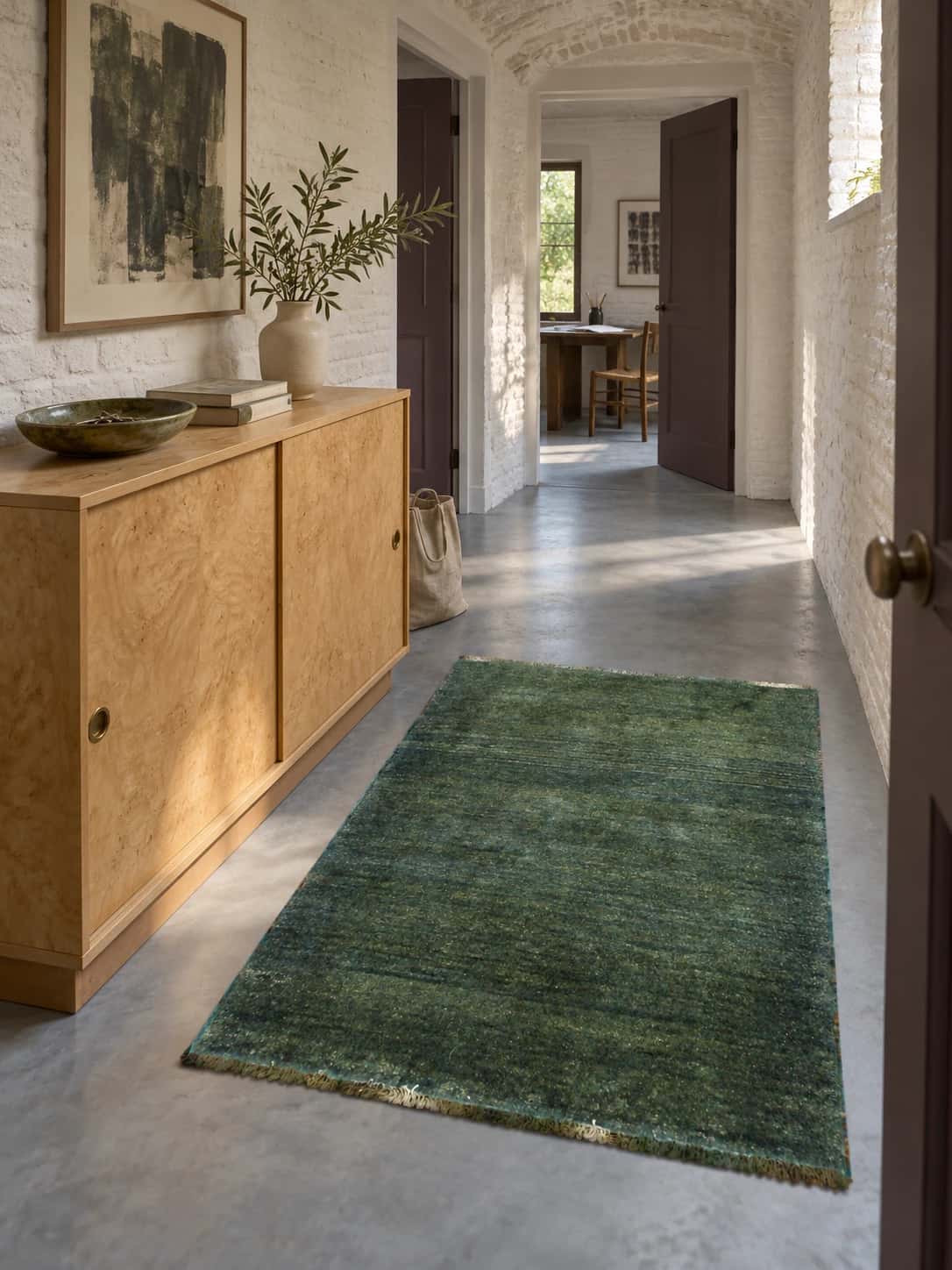 Persian Gabbeh rug, plain, 90x122 cm, mainly green — In a room