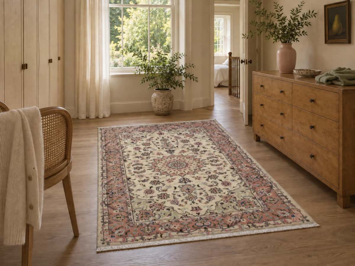 Persian Tabriz rug, floral, 134x208 cm, mainly pink and cream — In a room
