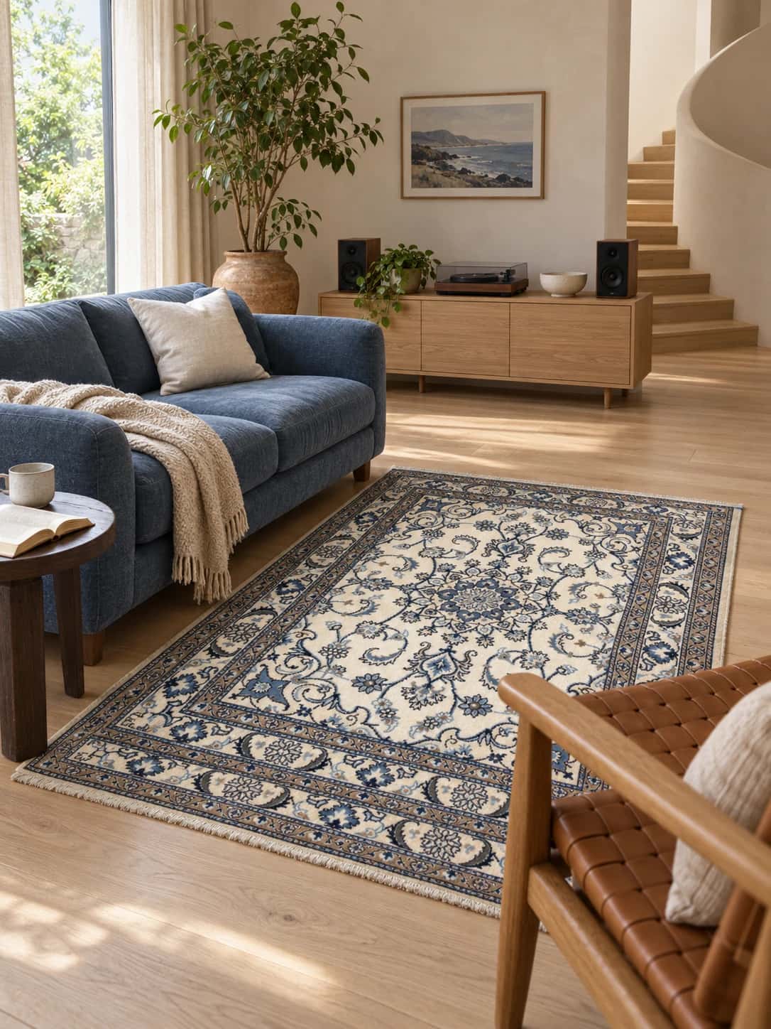 Persian Nain rug, floral, 147x202 cm, mainly cream and blue — In a room