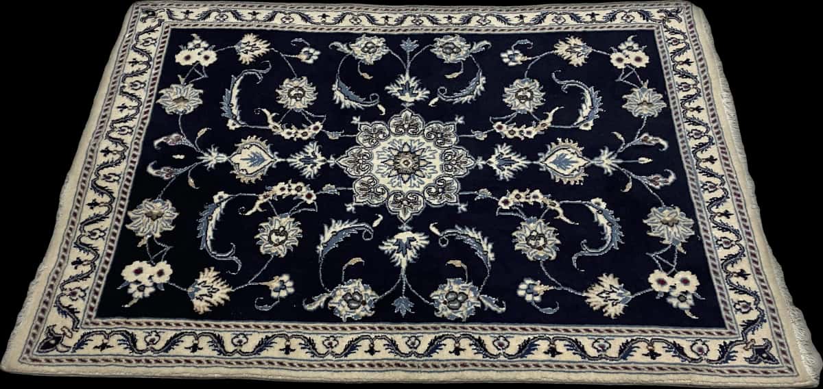 Persian rug of Nain style in dimensions 150 centimeters length by 98 centimeters width with mainly blue colors — Perspective