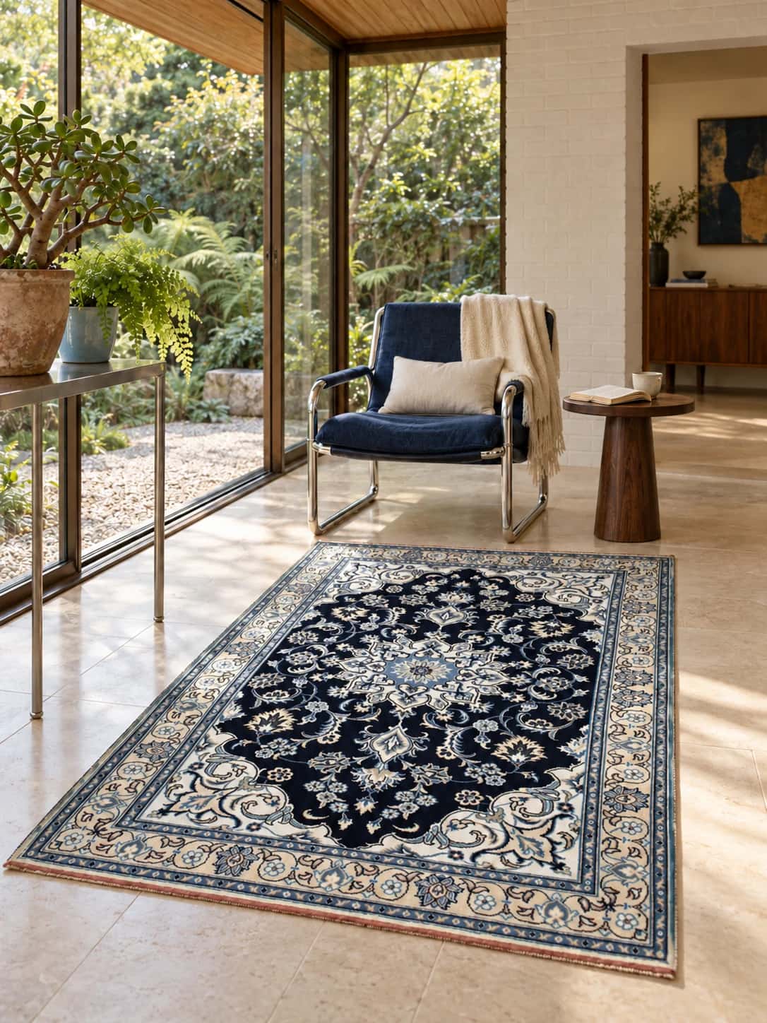 Persian Nain rug, floral, 125x204 cm, mainly blue — In a room