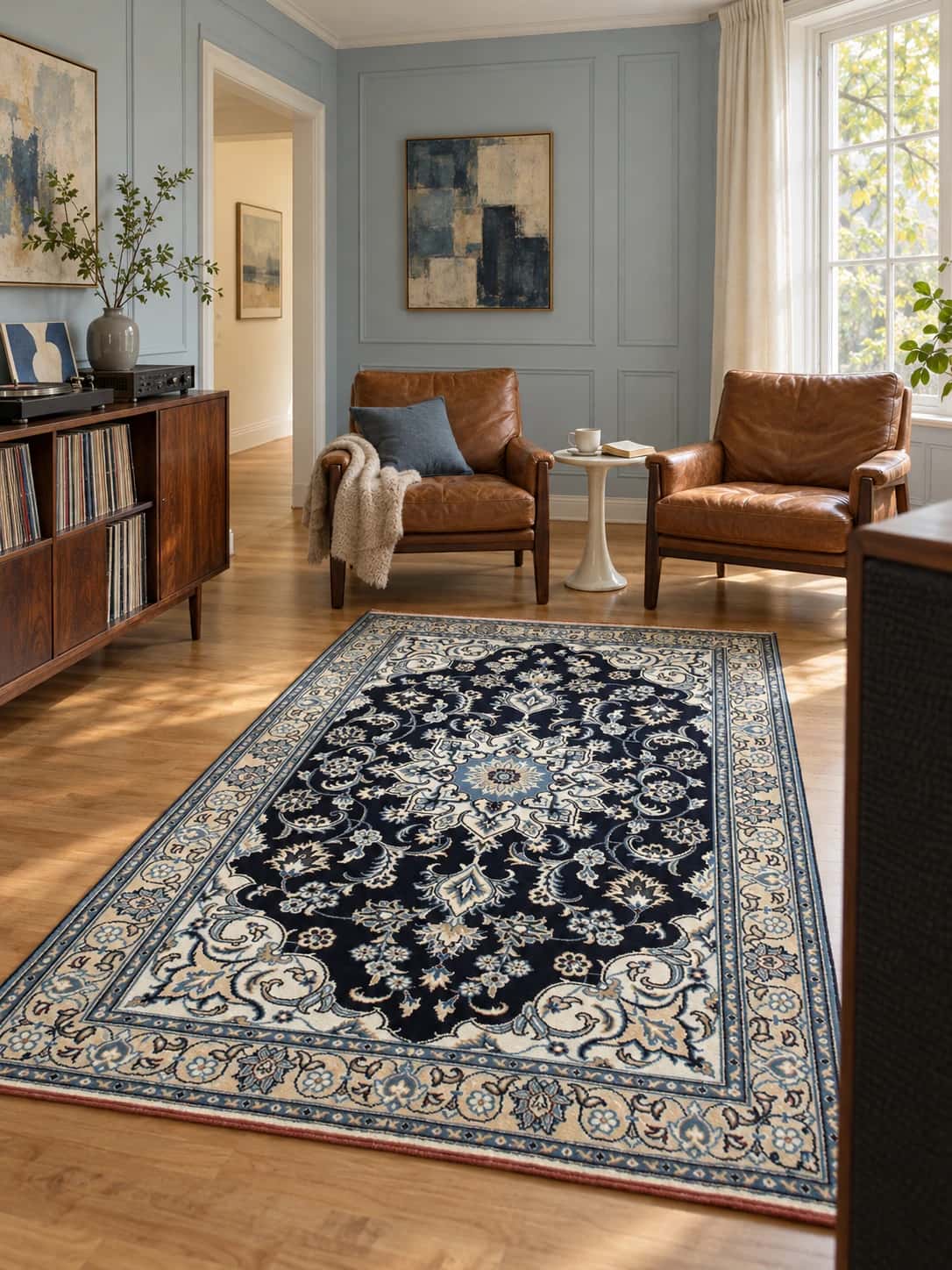 Persian Nain rug, floral, 125x204 cm, mainly blue — In a room
