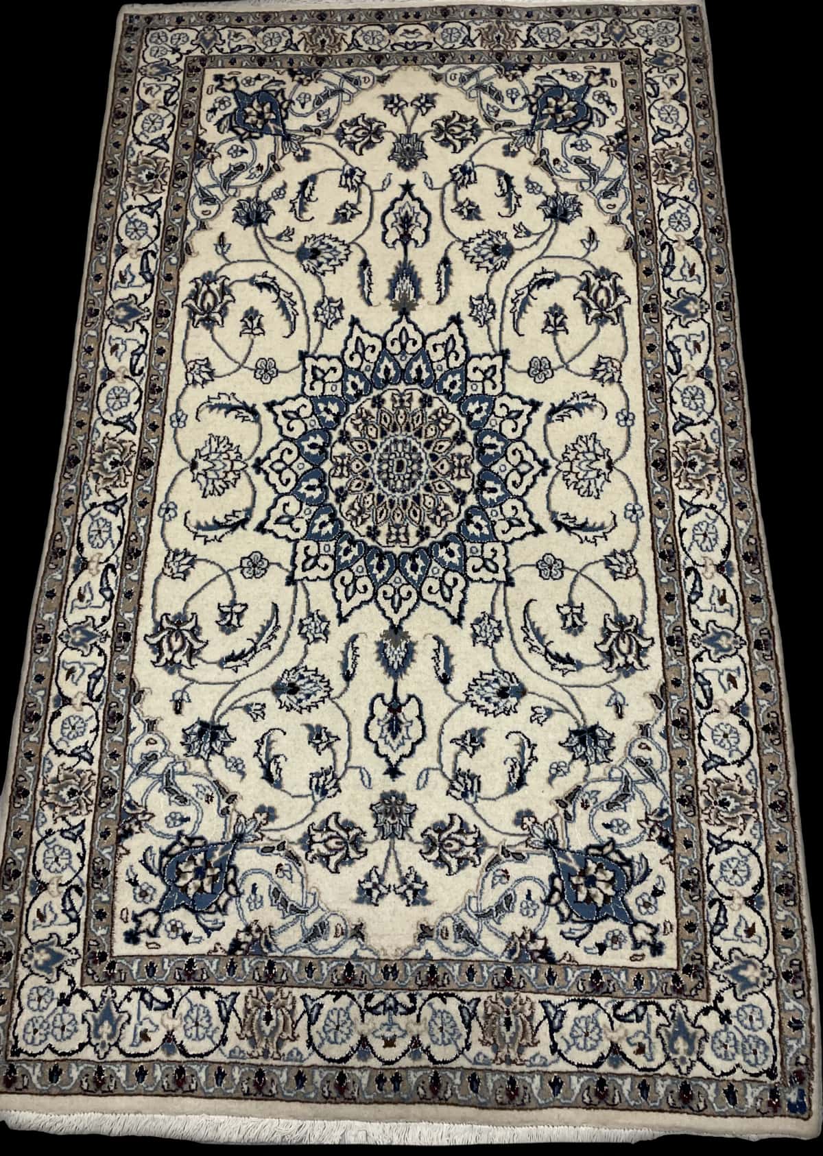 Persian rug of Nain style in dimensions 202 centimeters length by 120 centimeters width with mainly beige and blue colors — Perspective