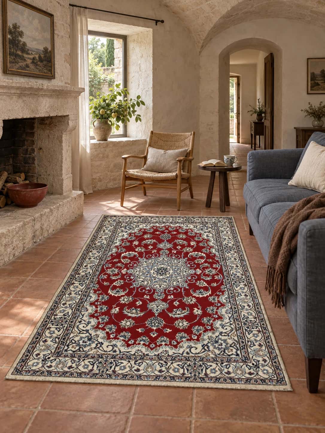 Persian Nain rug, floral, 117x205 cm, mainly red and blue — In a room
